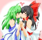  2girls bare_shoulders black_hair couple detached_sleeves green_hair hair_ornament hair_ribbon hair_tubes hakurei_reimu hands_clasped kiss kochiya_sanae kokujuuji multiple_girls ribbon touhou yuri 