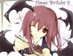  bat_wings cake feeding food food_on_face fork happy_birthday head_wings koakuma kuroneko-w-b kuroneko_(fragrant_olive) long_hair necktie pov_feeding red_eyes red_hair redhead solo tongue touhou wings wink 