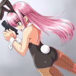  ass back bare_shoulders blush bunny_ears bunny_tail bunnysuit dd_(artist) dutch_angle fishnet_pantyhose fishnets from_behind green_eyes gun handgun long_hair original pantyhose pink_hair pistol rabbit_ears sig_sauer solo tail weapon wrist_cuffs 