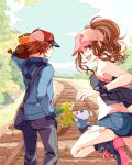  1boy 1girl bag baseball_cap blue_eyes brown_eyes brown_hair haru_(spr) hat oshawott pokemon pokemon_(creature) pokemon_(game) pokemon_black_and_white pokemon_bw ponytail railroad_tracks sky snivy tepig touko_(pokemon) touya_(pokemon) vest watch wristwatch 