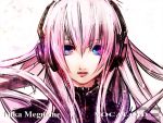  close headphones megurine_luka multicolored_eyes pink pink_hair portrait simple_background solo very_long_hair vocaloid 