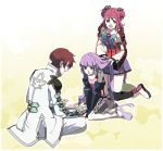  2girls asbel_lhant bad_id book brown_hair cheria_barnes esaki_koma hairdressing kneeling multiple_girls open_book pink_hair purple_hair reading sitting sophie_(tales_of_graces) tales_of_(series) tales_of_graces thighhighs wariza yellow_background 