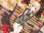  autumn_leaves bench blonde_hair dutch_angle green_eyes highres iroha_(unyun) leaf long_hair mole original sitting solo tears 