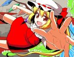  bad_id blonde_hair bodimahattayaougaki body_mahattaya_ginga flandre_scarlet foreshortening hands hat open_mouth outstretched_arm outstretched_hand red_eyes short_hair smile solo symbol-shaped_pupils touhou wings 