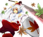  animal_ears bad_id detached_sleeves hakama hat inubashiri_momiji japanese_clothes leaf maple_leaf midriff red_eyes rikkunia sarashi shield short_hair silver_hair solo sword tokin_hat touhou weapon wolf_ears 