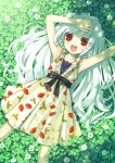  1girl clover clover_(flower) dress face flower food food_themed_clothes four-leaf_clover from_above fruit long_hair lying on_back open_mouth original red_eyes ribbon smile solo strawberry tsunako white_hair 