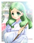  green_eyes green_hair highres japanese_clothes kimidori_emiri long_hair miko stone_lantern suzumiya_haruhi_no_yuuutsu torii 