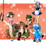  chen cirno fingerless_gloves gloves grin hong_meiling inaba_tewi izayoi_sakuya leather_jacket nose_drip power-up rope shovel sleeves_rolled_up smile touhou worktool 