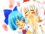  animal_ears bad_id blue_hair blush bow cirno detached_sleeves inubashiri_momiji multiple_girls nomutarou open_mouth short_hair sketch smile touhou white_hair 