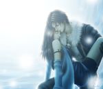   bike_shorts black_hair brown_hair couple detached_sleeves closed_eyes female final_fantasy final_fantasy_viii highlights jacket kimika long_hair male necklace pants rinoa_heartilly shirt short_hair squall_leonhart white_shirt  