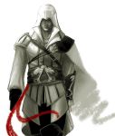  assassin&#039;s_creed_ii cape ezio_auditore_da_firenze gloves hood jewelry monochrome necklace smile spot_color 