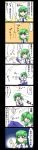  &gt;_&lt; 4koma blue_eyes boxing comic detached_sleeves empty_eyes green_hair hair_ornament highres jeno kochiya_sanae punching solo touhou translated translation_request zeno 