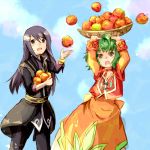  1girl apple aqua_background black_eyes black_hair bracelet carrying crossover dress farah_oersted food fruit green_hair jewelry koma_tori long_hair orange_dress short_hair tales_of_(series) tales_of_eternia tales_of_vesperia yellow_eyes yuri_lowell 