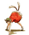 bad_id bent_over bobby_socks brown_eyes brown_hair cat_tail chen dress fang hat multiple_tails nail_polish outstretched_leg pounce shiba_murashouji short_hair simple_background smile socks tail top-down_bottom-up touhou 