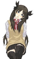  blue_eyes blush brown_hair fate/stay_night fate_(series) hair_ribbon head_tilt long_hair ribbon school_uniform skirt sweater thigh-highs thighhighs tohsaka_rin toosaka_rin zettai_ryouiki 