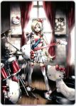  blonde_hair bow cymbals drum drum_set guitar guitar_pick headphones hello_kitty hello_kitty_to_issho! highres instrument kei_(artist) kittyler knee_socks long_hair microphone microphone_stand nekomimi official_art open_mouth red_eyes rio_(kittyler) skirt solo thighhighs tube_top window 