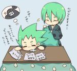  blanket blazblue chibi closed_eyes cute green_hair hazama kotatsu saliva simple_background sleeping smile spiky_hair translation_request 