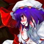  blue_hair earrings fang gloves hat jewelry lowres ooba_kagerou purple_hair red_eyes remilia_scarlet solo touhou 