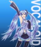  4hands armpits blue_eyes blue_hair detached_sleeves happy hatsune_miku long_hair navel necktie skirt thigh-highs thighhighs twintails vocaloid waving zettai_ryouiki 