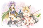  angela animal_ears bad_id blonde_hair blue_eyes boots breasts cape chain chains cleavage earrings fenrir_knight gloves green_eyes horn horns jewelry kneeling magus_(seiken_densetsu_3) michii_yuuki multiple_girls navel pointy_ears polearm purple_hair riesz seiken_densetsu seiken_densetsu_3 spear staff thigh-highs thigh_boots thighhighs weapon wolf wolf_ears 