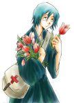  bleach blue_hair bouquet cross flower male red_cross short_hair shoulder_bag tulip yamada_hanatarou 
