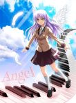  althea_(artist) angel_beats! blue_hair feathers instrument keyboard keyboard_(instrument) long_hair school_uniform tachibana_kanade wings yellow_eyes 