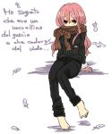  feathers feet gloves italian kaprice long_hair nail_polish original pink_hair red_eyes scarf simple_background solo tears text translated 