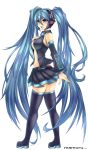  ass blue_eyes blue_hair boots detached_sleeves hand_on_chest hand_on_own_chest hatsune_miku highres long_hair mamuru navel necktie open_clothes open_mouth open_shirt shirt simple_background skirt solo thigh-highs thigh_boots thighhighs twintails very_long_hair vocaloid 