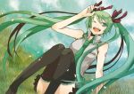  field green_eyes green_hair happy hatsune_miku long_hair necktie sitting skirt thigh-highs thighhighs twintails vocaloid wink 