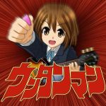  brown_eyes brown_hair guitar hair_ornament hairclip hirasawa_yui instrument k-on! parody plectrum school_uniform solo ultra_series ultraman_(1st_series) un_tan yasutake 