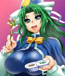  bow breasts food ginnyo green_eyes green_hair hat large_breasts long_hair mima nerunerunerune open_mouth solo touhou wand wizard_hat 