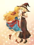  alice_margatroid alice_margatroid_(cosplay) alternate_color bad_id blonde_hair cosplay costume_switch hat high_heels holding_hands kirisame_marisa kirisame_marisa_(cosplay) long_hair meg_(artist) meg_maru2 multiple_girls shoes short_hair touhou witch witch_hat yuri 