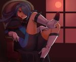  blue_hair bodysuit boots chair hair_over_one_eye highheels inazuma_eleven kazemaru_ichirouta long_hair one_leg_up sitting smile teasing tongue trap window 