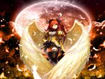  feathers long_hair moon red_eyes redhead ribbons wings 