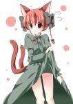  animal_ears bad_id blush bow braid cat_ears cat_tail extra_ears hair_bow highres kaenbyou_rin legs multiple_tails oniku pointy_ears red_eyes red_hair redhead shy simple_background skirt skirt_lift tail touhou twin_braids 