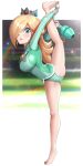  1girl adapted_costume bare_legs barefoot blonde_hair blue_eyes breasts club covered_navel crown flexible full_body gonzarez hair_over_one_eye highres lips long_hair long_sleeves looking_at_viewer super_mario_bros. object_request rosalina solo split standing standing_on_one_leg standing_split star_(symbol) super_mario_galaxy weapon 