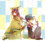  brown_hair dress frills hat long_hair purple_eyes ribbon short_hair smile violet_eyes yamiko yamiya yellow_eyes 