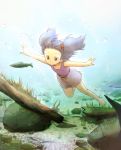  blue_eyes blue_hair bubble eijima_moko fish hair_bobbles hair_ornament highres kawashiro_nitori log no_hat no_headwear outstretched_arms rock smile spread_arms swimming touhou twintails underwater young 