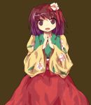  alphes_(style) flower hair_flower hair_ornament hands_together hieda_no_akyuu japanese_clothes ni_(ippozenshin) obi open_mouth parody purple_eyes purple_hair smile solo style_parody touhou 