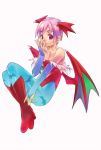  bat_wings capcom demon_girl elbow_gloves fingerless_gloves flat_chest gloves head_wings leotard lilith_aensland pantyhose purple_hair red_eyes short_hair smile solo succubus vampire_(game) wanko_(pixiv) wings 