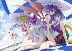  :d alternate_hairstyle ass bad_feet bad_hands barefoot bat_wings beach beach_umbrella bikini blonde_hair blue_eyes blue_hair breasts cleavage double_bun fang flandre_scarlet food front-tie_top fruit gustav gustav_(telomere_na) head_wings highres hong_meiling izayoi_sakuya koakuma legs long_hair mouth_hold multiple_girls open_mouth patchouli_knowledge ponytail popsicle purple_eyes purple_hair red_eyes red_hair remilia_scarlet see-through short_hair smile stretch sunglasses swimsuit swimsuit touhou towel twintails umbrella watermelon wings 