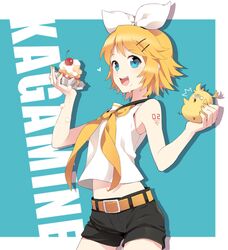  belt bird blonde_hair blue_eyes bow cake cherry chick food food_on_face fruit hair_bow hair_ornament hairclip holding kagamine_rin midriff nardack navel open_mouth pastry ribbon sailor_collar school_uniform serafuku short_shorts shorts smile solo tattoo vocaloid 