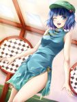  alternate_costume bangs blue_eyes blue_hair blunt_bangs china_dress chinese_clothes dutch_angle floral_print hair_bobbles hair_ornament hat kawashiro_nitori key mochi.f no_panties open_mouth short_hair side_slit smile solo touhou twintails wink 