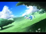  blue_hair blush bow butterfly cirno closed_eyes dress flying hair_bow highres landscape revision ribbon shirayuki_mutsumi short_hair smile touhou 