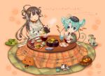  animal_ears apron aqua_hair barefoot basket black_hair blue_eyes boots buttons capybara capybara-san chopsticks closed_eyes cow cow_ears cow_tail cup eating food fruit hair_ornament hairclip happy kotatsu mouse mouse_ears mouse_tail orange original popurieru slippers smile table tail teapot 