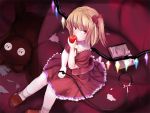  aw bad_id blonde_hair book collar flandre_scarlet food fruit holding holding_fruit leash ponytail red_eyes short_hair side_ponytail solo touhou wings 