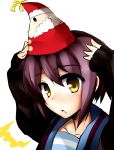  christmas hat nagato_yuki party_hat purple_hair santa_claus school_uniform short_hair surikogi suzumiya_haruhi_no_yuuutsu yellow_eyes 