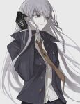  1girl adjusting_hair black_gloves black_ribbon braid brown_necktie closed_mouth collared_shirt danganronpa:_trigger_happy_havoc danganronpa_(series) gloves grey_background hair_behind_ear hair_ribbon hand_in_own_hair hand_up highres jacket kirigiri_kyoko long_hair looking_to_the_side necktie open_clothes open_jacket purple_hair purple_jacket ribbon santadoumi_(hunt0z) shirt side_braid simple_background solo standing upper_body white_shirt 