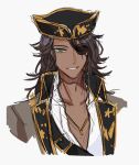  1boy brown_hair character_request commentary_request copyright_request dark_skin eyepatch green_eyes hat highres long_hair looking_at_viewer male_focus one_eye_covered pirate_hat shu_(oshigoto_boshuuchuu) smile solo teeth upper_body white_background 