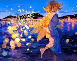  1girl bare_shoulders blue_eyes blush brown_hair city clouds cropped fireworks hair_between_eyes happy highres japanese_clothes kimono long_sleeves looking_at_viewer open_mouth original qooo003 running sidelocks sky smile traditional_clothes water 